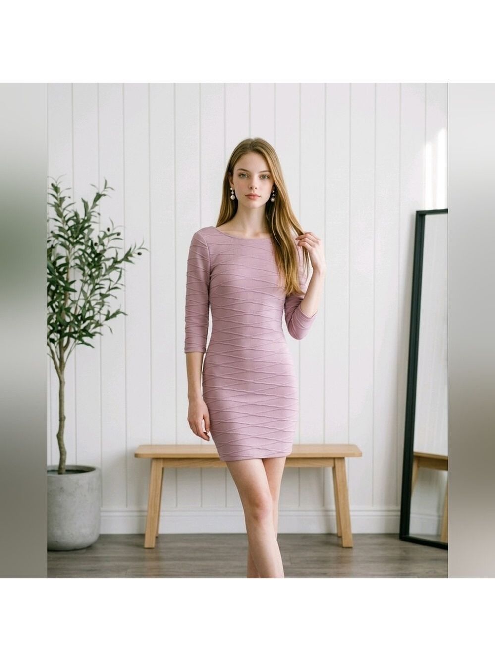 Textured‎ Pink Dress 3/4 Sleeve Bodycon Fitted Career Cocktail Party